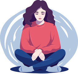 Tired woman sitting and thinking over problems on transparent background. Concept emotional burnout or mental disorder