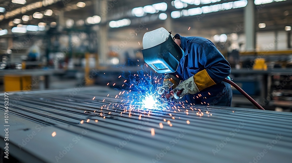 Poster skilled welder intently focused on welding metal creating intense blue sparks that showcase their ex