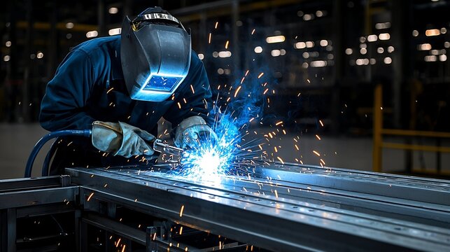 A professional welder wearing protective equipment such as a welding mask and gloves is captured in an industrial setting  Dramatic blue sparks are created as they expertly weld metal