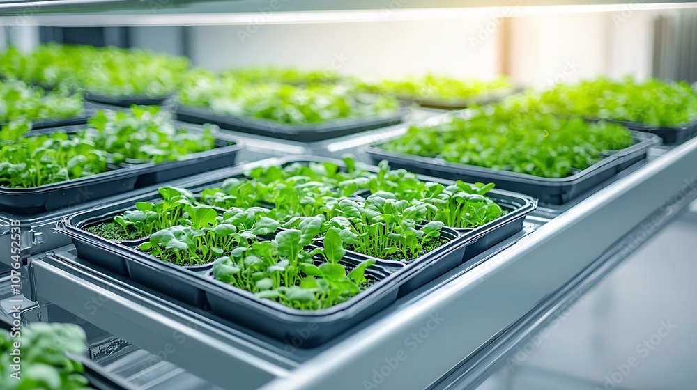 Poster innovative hydroponic vertical farming system with nutrient rich water flowing through trays to effi
