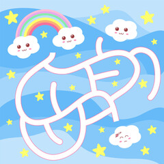 Help cloud to find way to clouds rainbow friends in sky. Education find the way puzzle activity sheet for kids.