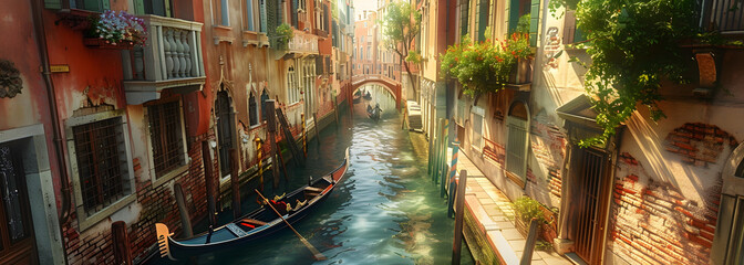 A gondola ride through a narrow canal in Venice The sun is shining brightly and the water is reflecting the light. 