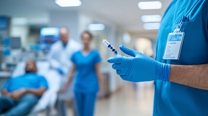 Close-up view of healthcare professional's hand holding a syringe, blue glove detail, clinical setting with blurred patient