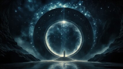 A mystical portal glows in a starry night, inviting cosmic exploration and wonder. A lone figure stands before it, ready to step into another dimension
