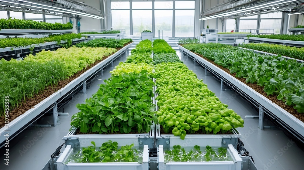 Poster Innovative hydroponic farm with multiple rows of fresh healthy vegetables thriving in a controlled environment  Water channels below each row provide direct nutrient delivery to the plants