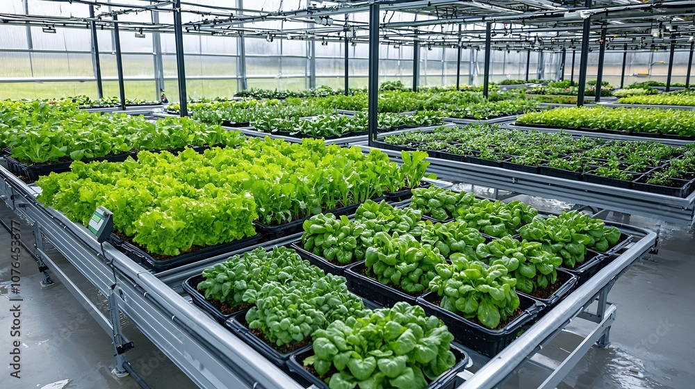 Poster innovative hydroponic farm showcasing multiple rows of fresh vibrant vegetables thriving in a contro
