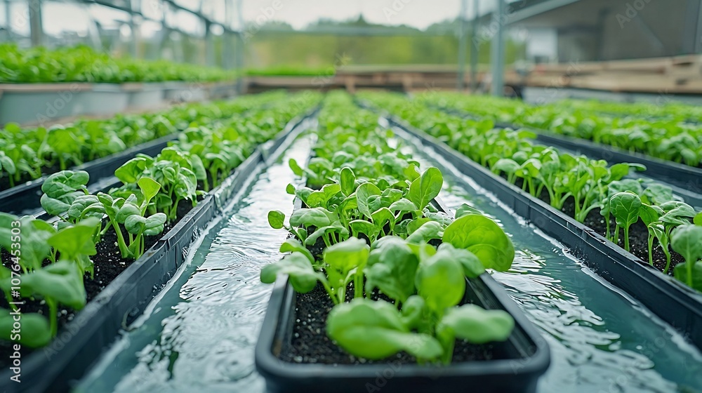 Poster nutrient enriched water flowing through hydroponic channels nurturing the growth of lush green spina