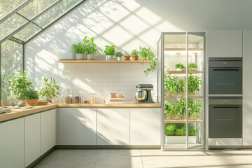 Minimalist Green Greenhouse with Plants Soaking in Sunlight for Indoor Brightness