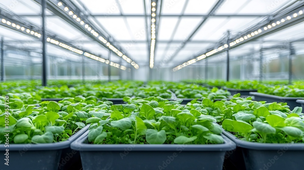 Poster rows of lush vibrant leafy greens growing in a hydroponic greenhouse illuminated by energy efficient