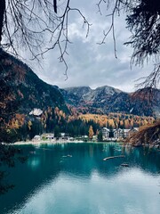 Autumn landscape of Lake Braies. Famous lake in the Dolomites.
