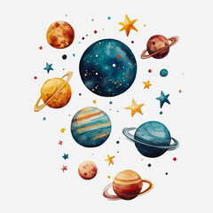 Colorful Watercolor Illustration of Planets and Stars Depicting a Vibrant Cosmic Landscape with Various Celestial Bodies on a Light Background