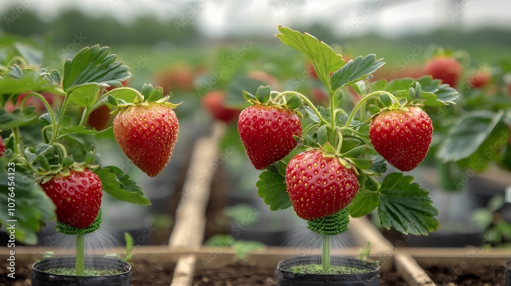 Poster aeroponic strawberry farming system with misted roots displayed in a high efficiency vertical column