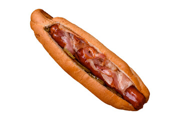Hotdog with grilled sausage with bacon and mushrooms