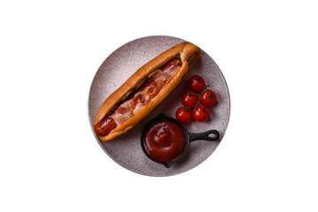 Hotdog with grilled sausage with bacon and mushrooms