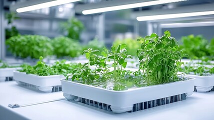 Hydroponic indoor farming setup with water channels nutrient solution circulation and lush healthy herb plants growing in a controlled environment