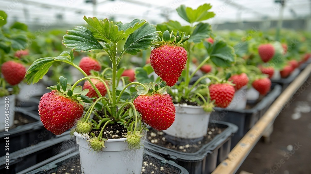 Poster Aeroponic column of strawberries with misted roots displaying cutting edge farming methods for high yield sustainable indoor crop cultivation