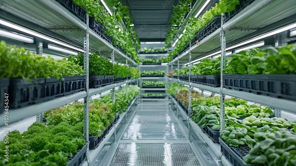 Poster innovative vertical hydroponic farm featuring multiple layers of fresh healthy produce with a flowin