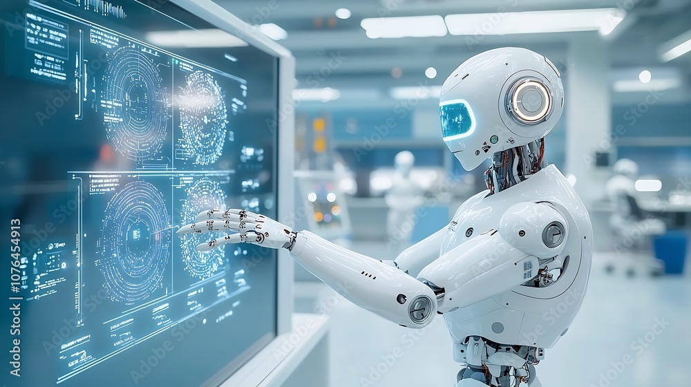 Aufkleber Humanoid Robot Interacting with Holographic Displays in Futuristic Laboratory Showcasing Cutting Edge Intelligence and Technological Advancements