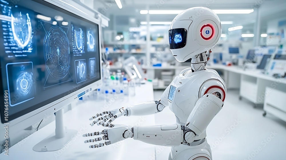Poster Humanoid robot interacting with holographic screens and displays in a modern high tech futuristic laboratory setting highlighting cutting edge technology and intelligence advancements