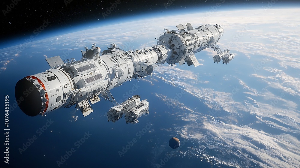 Wall mural visionary rendering of an advanced futuristic space station orbiting a distant alien planet with doc