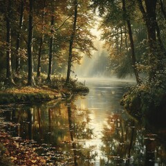 Obraz premium Tranquil Forest Stream with Sun-Dappled Water and Fallen Leaves