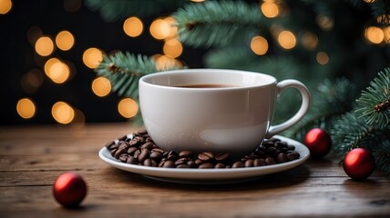 white ceramic cup with black coffee chrismas decoration