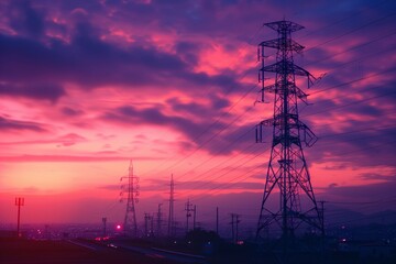 The vibrant sky transitions from orange to purple around tall power lines at dusk