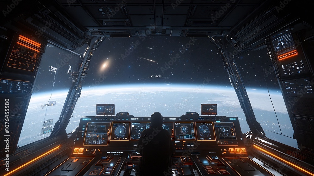 Poster futuristic space traveler looking out at a distant galaxy from inside a sleek and advanced spacecraf