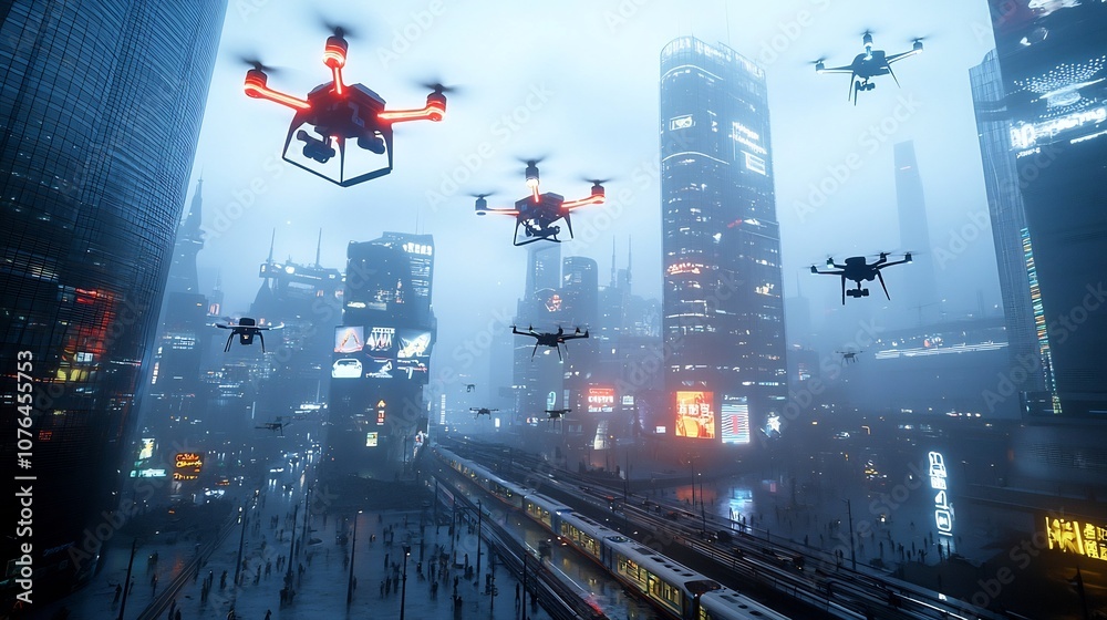 Poster futuristic cityscape at night featuring a skyline of advanced smart buildings and transportation sys