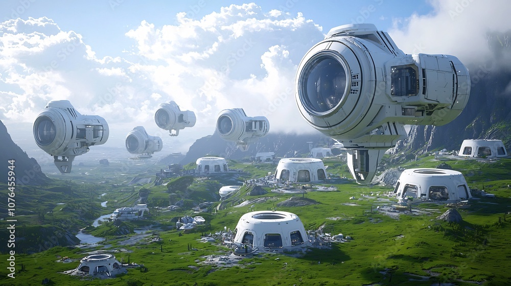 Poster alien futuristic colony structures amidst diverse landscapes on extraterrestrial planet showcasing t