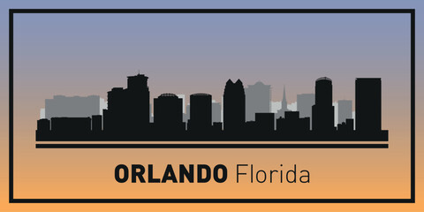 Silhouettes of buildings on Orlando skyline in black frame. Vector on a colored background.