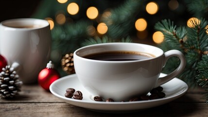 white ceramic cup with black coffee chrismas decoration