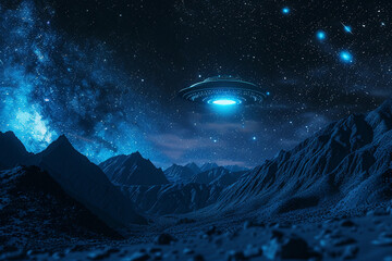 Obraz premium Iron oval UFO saucer hovering over beautiful landscape in dramatic sky