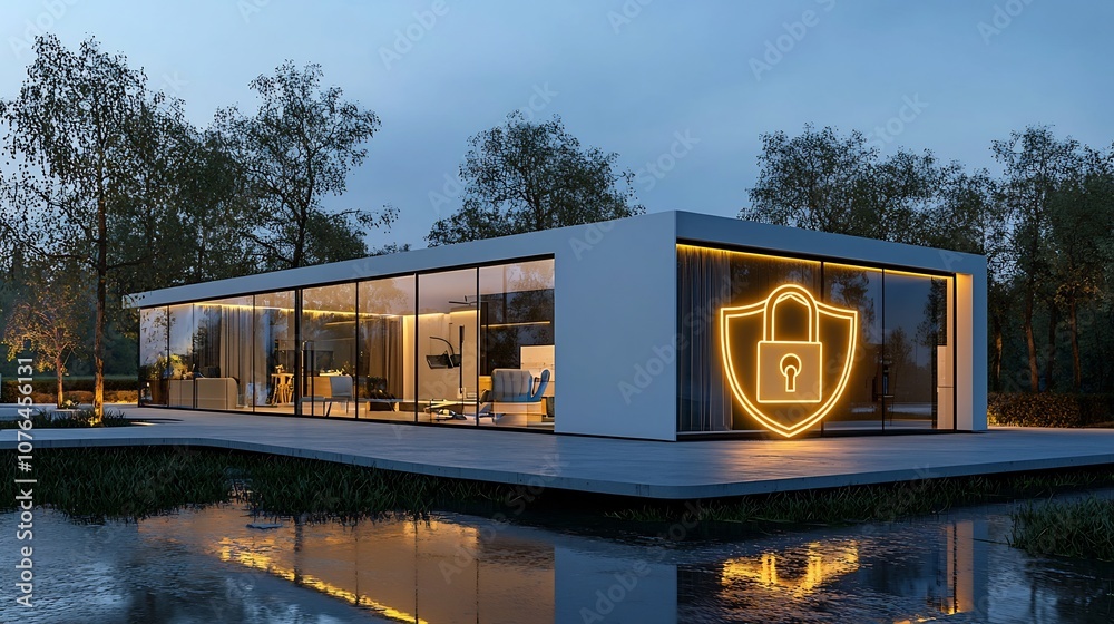 Poster Glowing padlock and shield icon overlaying a modern smart home symbolizing advanced and secure home protection system  Concept of digital security home automation