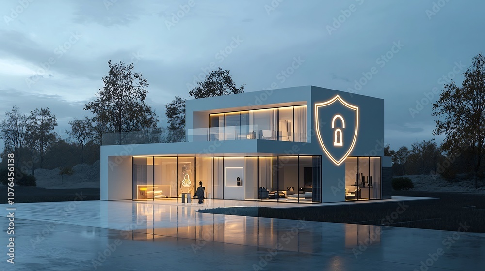 Poster Glowing padlock and shield icons overlaying a modern smart home symbolizing the secure and advanced protection features of a state of the art home automation system