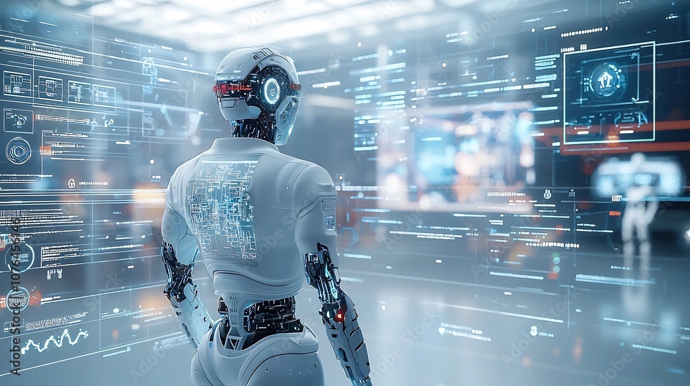 Poster Cybernetic Human with Robotic Limbs Standing in a High Tech Futuristic City Surrounded by Holograms and Advanced Digital Displays Depicting the Future of Human Robot and Technological Progress