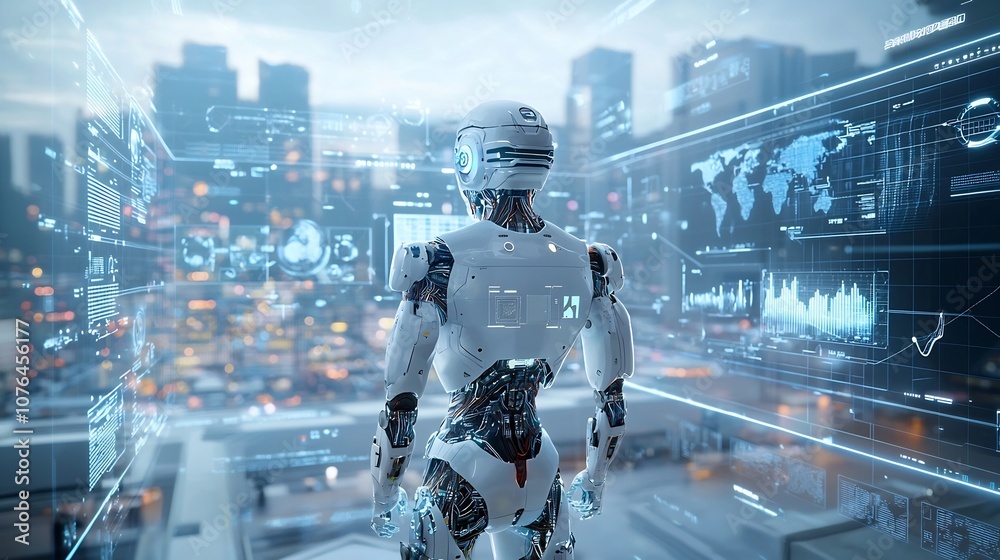 Poster Cybernetic human with robotic limbs standing in a high tech city surrounded by holograms and advanced digital displays depicting the future of human robot and technological progress