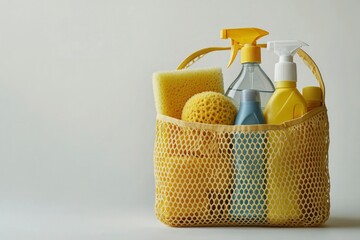 mesh bag with cleaning supplies, such as sponges and spray bottles on white background. eco-friendly practices, sustainable home care