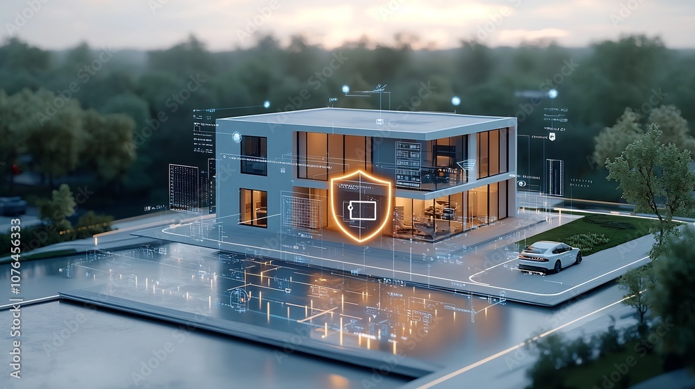 Aufkleber Secure Smart Residence with Glowing Digital Protection Shield and Lock Icon Overlay Highlighting Advanced Cybersecurity and Access Control