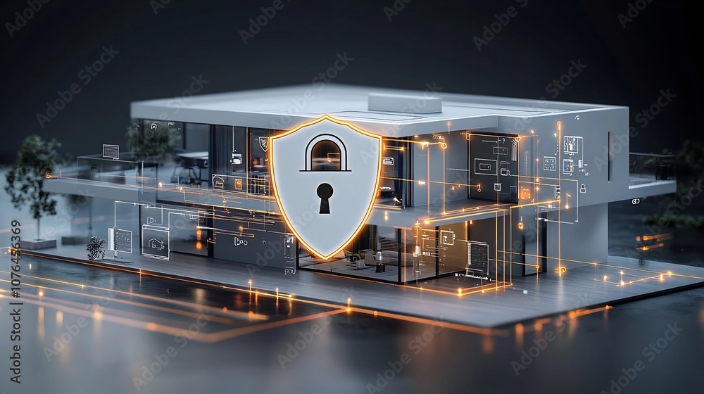 Aufkleber Futuristic Smart Home Security Concept with Digital Shield and Padlock Icon Overlayed on Bright Modern Interior Design