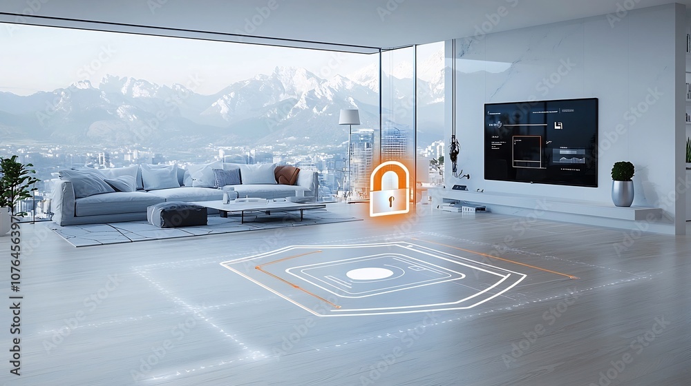 Poster Cutting Edge Smart Home Security and Privacy Representation with Bright Padlock and Shield Icon Superimposed on Modern Home Technology