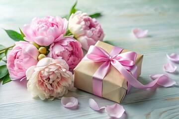 Elegant Minimalist Birthday Gift Box with Peonies and Festive Ribbon in Soft Pastel Colors, Perfect for Celebrations and Special Occasions