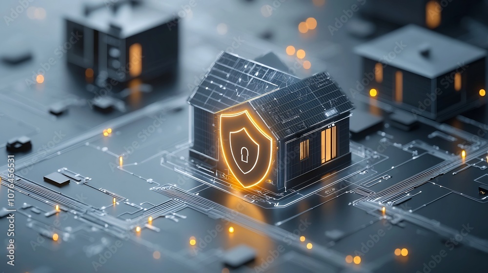 Poster Futuristic smart home with glowing lock and shield overlay representing the concept of a fully protected and automated residence with advanced security and digital control systems