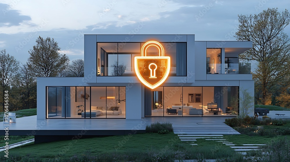 Poster Secure and advanced modern home exterior with a superimposed glowing padlock and shield icon showcasing the latest in digital home security and automation technology
