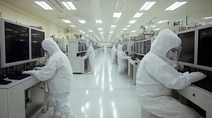 Naklejka premium 半導体クリーンルームの技術者と設備