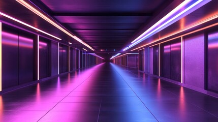 Neon Lit Hallway with Tiled Floor and Metallic Walls