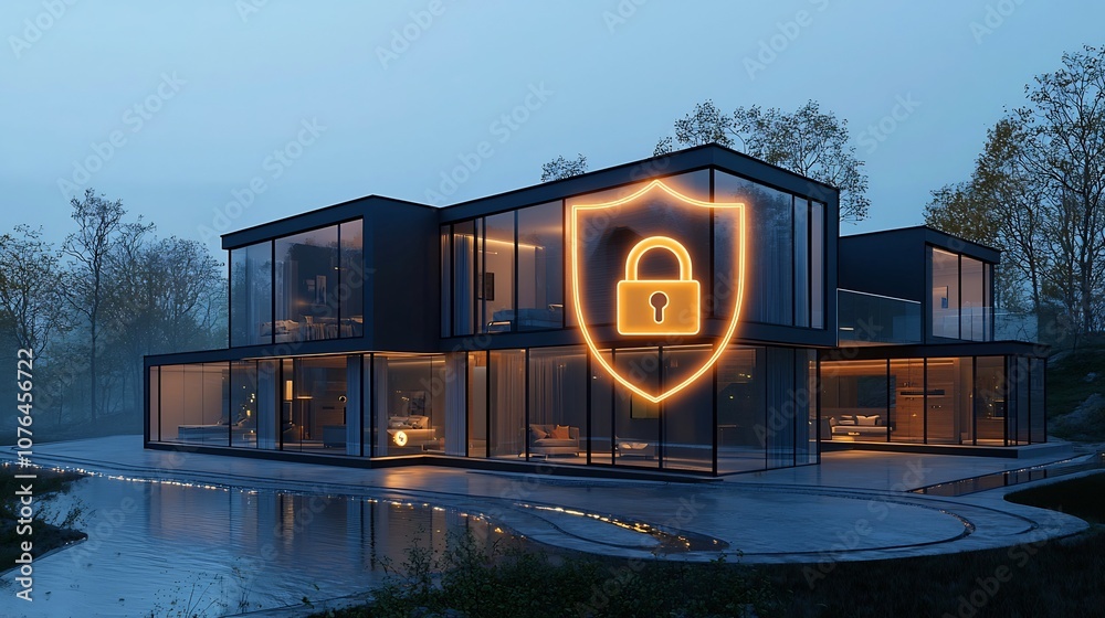 Poster secure and advanced modern home exterior with glowing digital lock and shield symbols showcasing cut