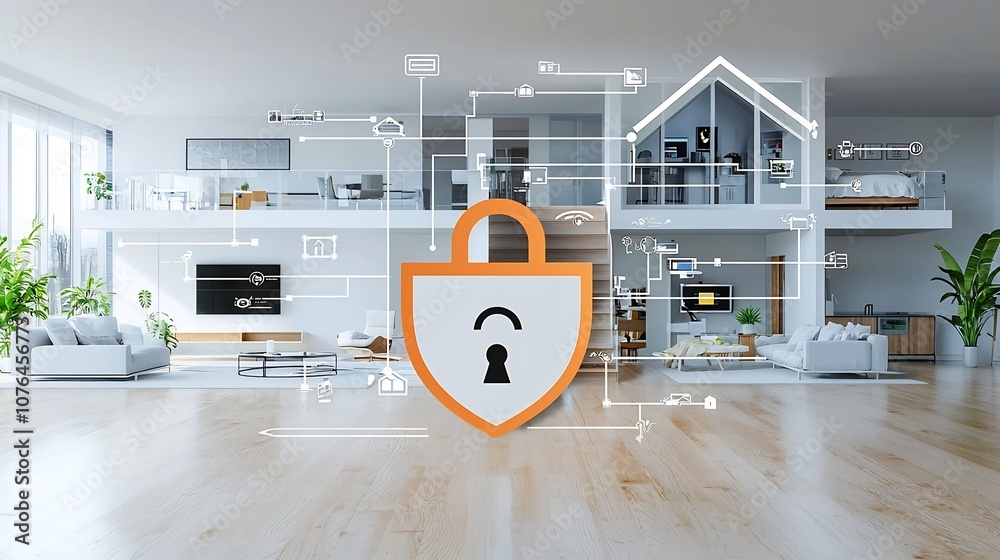 Poster Bright padlock and shield icon over a contemporary smart home symbolizing trusted security technology to protect and control digital devices appliances and systems in the connected home of the future