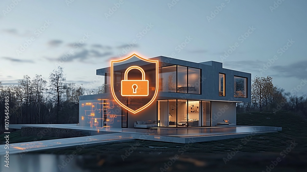 Poster superimposed glowing padlock and shield icons over a modern residential home representing advanced d