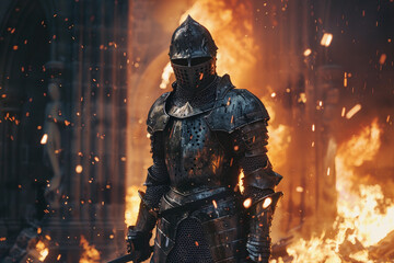 Fototapeta premium Fantastic royal knight in iron armor guards castle chambers